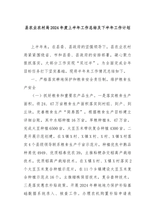 县农业农村局2024年度上半年工作总结及下半年工作计划