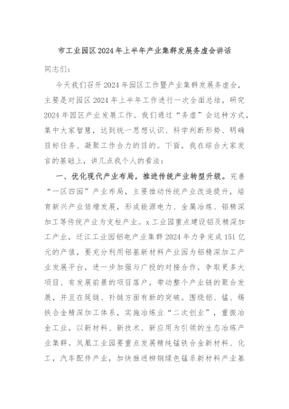 市工业园区2024年上半年产业集群发展务虚会讲话