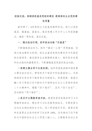 经验交流：持续深抓基层党组织建设 提高国有企业党的建设质量