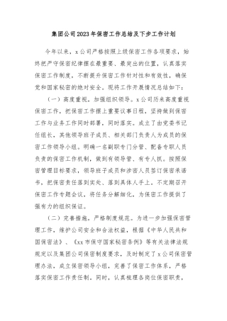 集团公司2023年保密工作总结及下步工作计划