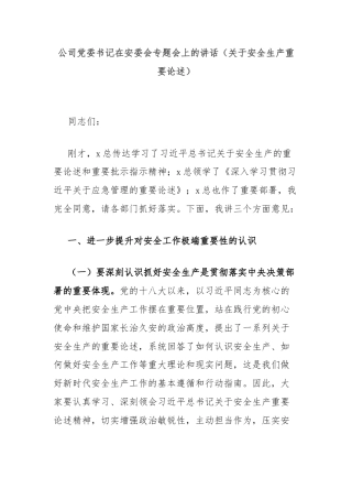 公司党委书记在安委会专题会上的讲话（关于安全生产重要论述）