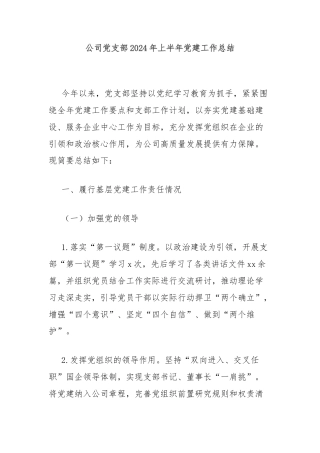 公司党支部2024年上半年党建工作总结