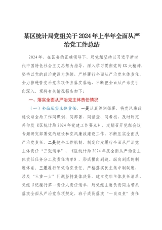 某区统计局党组关于2024年上半年全面从严治党工作总结