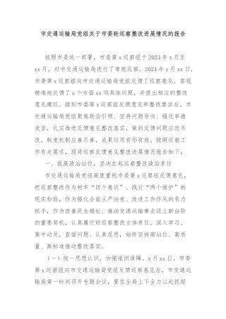 市交通运输局党组关于市委轮巡察整改进展情况的报告