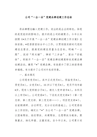 公司“一企一品”党建品牌创建工作总结