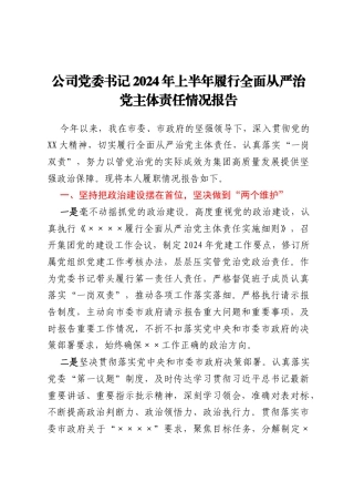 公司党委书记2024年上半年履行全面从严治党主体责任情况报告