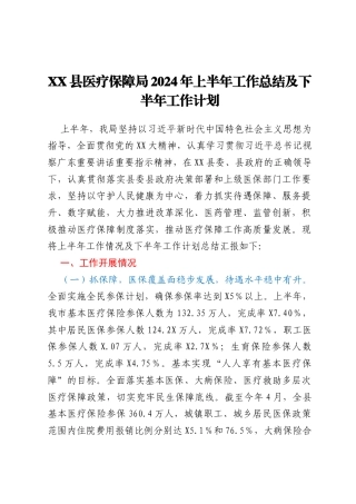 XX县医疗保障局2024年上半年工作总结及下半年工作计划