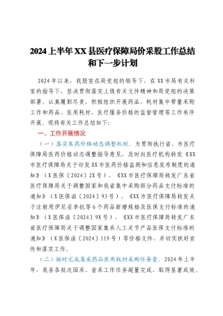 2024上半年XX县医疗保障局价采股工作总结和下一步计划