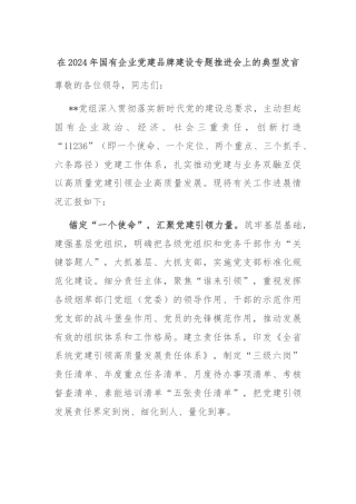 在2024年国有企业党建品牌建设专题推进会上的典型发言