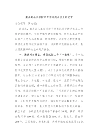 某县副县长在防汛工作专题会议上的发言