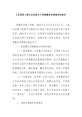 X区残疾人联合会党组关于巡察整改进展情况的报告