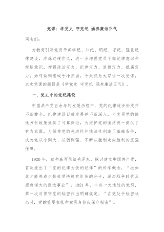 党课：学党史 守党纪 涵养廉洁正气