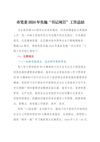 市党委2024年实施“书记项目”工作总结
