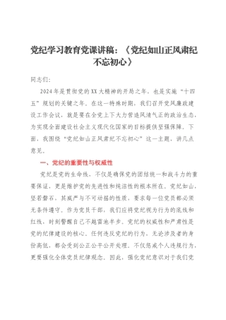 党纪学习教育党课讲稿：《党纪如山正风肃纪不忘初心》