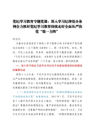党纪学习教育专题党课：  深入学习纪律处分条例  全力抓好党纪学习教育 持续走好全面从严治党“第一方阵”