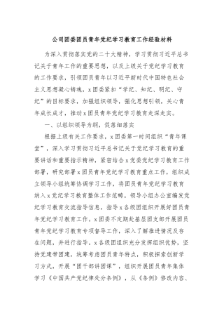 公司团委团员青年党纪学习教育工作经验材料