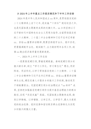 乡2024年上半年重点工作落实情况和下半年工作安排