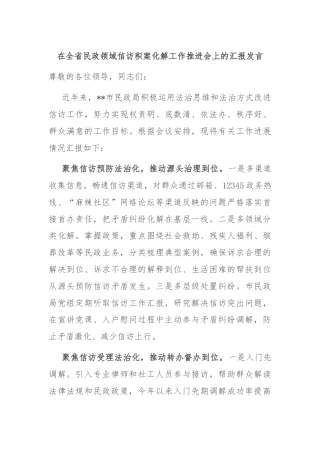 在全省民政领域信访积案化解工作推进会上的汇报发言