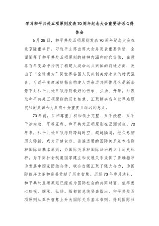 学习和平共处五项原则发表70周年纪念大会重要讲话心得体会