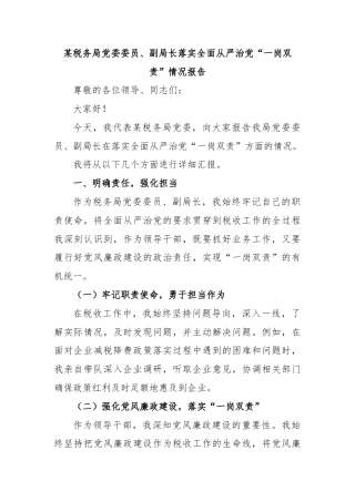 某税务局党委委员、副局长落实全面从严治党“一岗双责”情况报告