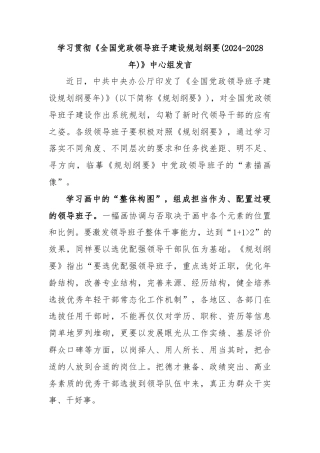 学习贯彻《全国党政领导班子建设规划纲要(2024-2028年)》中心组发言