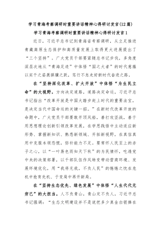 (12篇)学习青海考察调研时重要讲话精神心得研讨发言