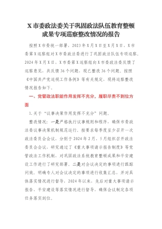 X市委政法委关于巩固政法队伍教育整顿成果专项巡察整改情况的报告