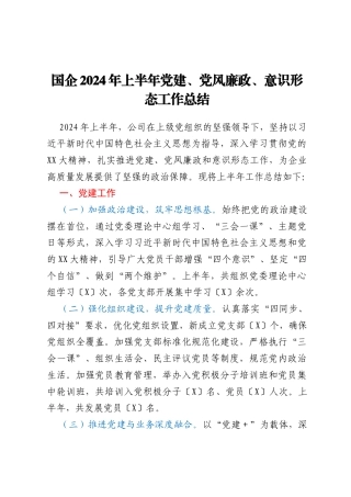 国企2024 年上半年党建、党风廉政、意识形态工作总结