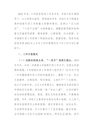 市投资促进局2024年上半年工作总结及下半年工作计划