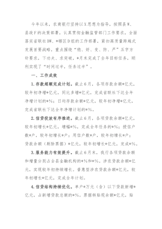 农商银行2024年上半年工作总结和下半年工作打算