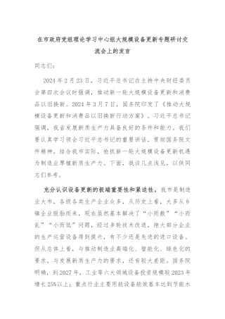 在市政府党组理论学习中心组大规模设备更新专题研讨交流会上的发言