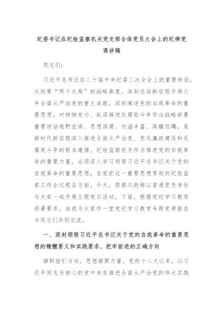 纪委书记在纪检监察机关党支部全体党员大会上的纪律党课讲稿