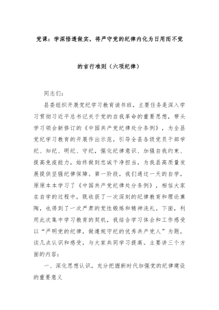 党课：学深悟透做实，将严守党的纪律内化为日用而不觉的言行准则（六项纪律）