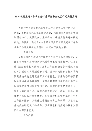XX市机关党建工作和业务工作深度融合攻坚行动实施方案