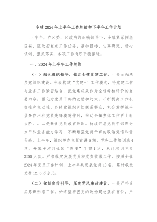 乡镇2024年上半年工作总结和下半年工作计划