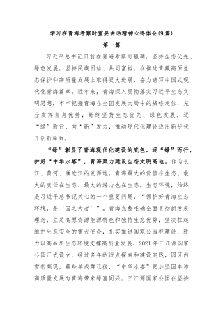 (9篇)学习在青海考察时重要讲话精神心得体会