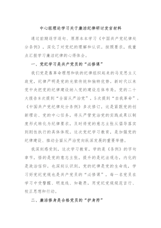 中心组理论学习关于廉洁纪律研讨发言材料