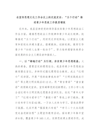 在宣传思想文化工作会议上的交流发言：“五个行动”推进青少年思政工作提质增效