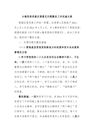 乡镇党委巡察反馈意见问题整改工作实施方案