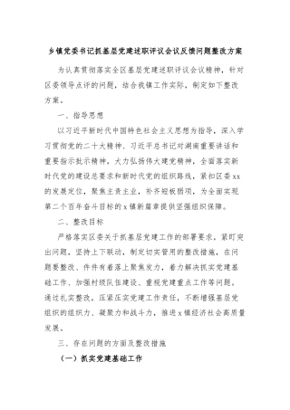 乡镇党委书记抓基层党建述职评议会议反馈问题整改方案