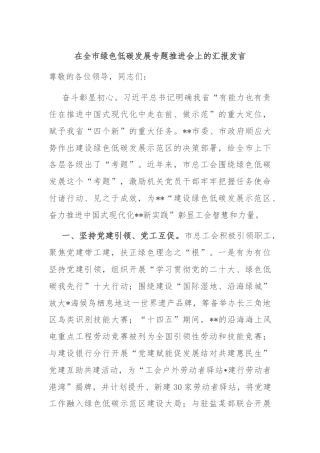 在全市绿色低碳发展专题推进会上的汇报发言