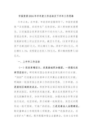 市国资委2024年半年度工作总结及下半年工作思路