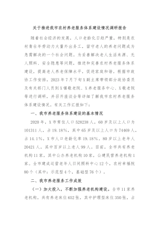 关于推进我市农村养老服务体系建设情况调研报告