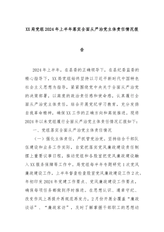 XX局党组2024年上半年落实全面从严治党主体责任情况报告