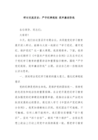研讨交流发言：严守纪律规矩 筑牢廉洁防线