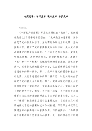专题党课：学习党章 遵守党章 维护党章