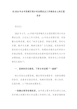 在2024年全市党建引领乡村治理试点工作推进会上的汇报发言