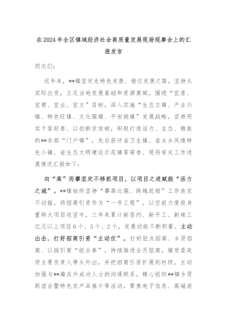 在2024年全区镇域经济社会高质量发展现场观摩会上的汇报发言