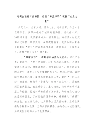 选调生驻村工作感悟：扎根“希望田野”积蓄“向上力量”