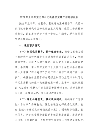 2024年上半年党支部书记抓基层党建工作述职报告
